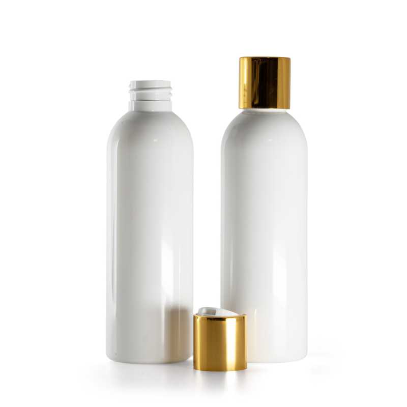 White Plastic Bottle, White Plastic Flip Top With Golden Aluminum Collar, 200 ml