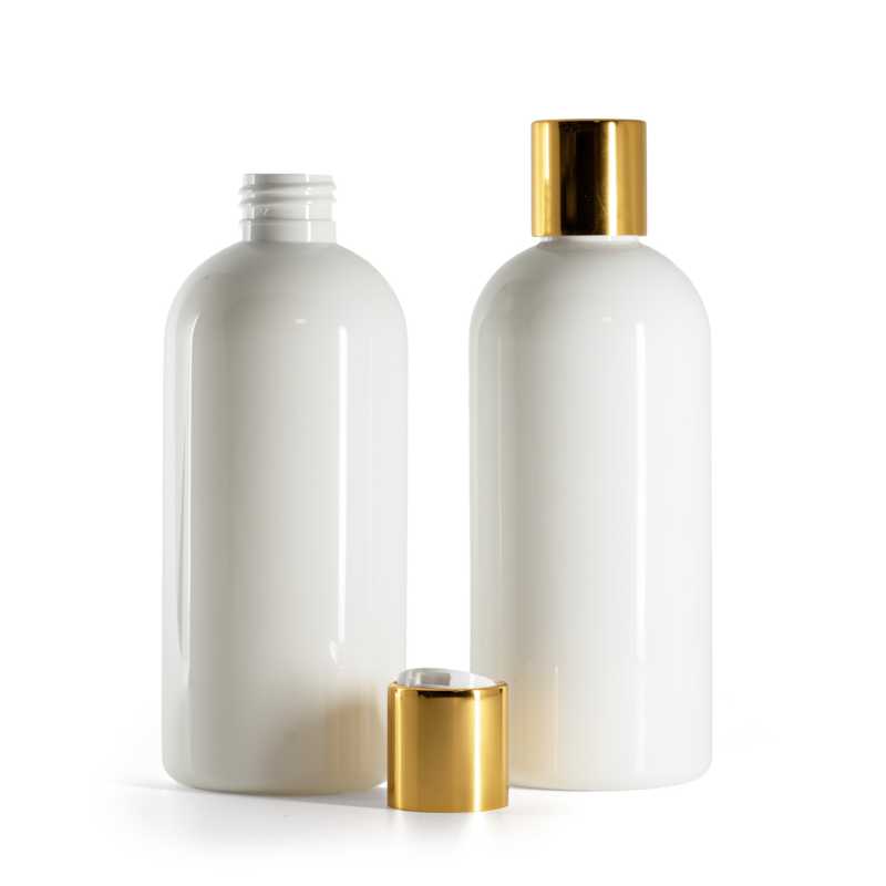 White Plastic Bottle, White Plastic Flip Top With Golden Aluminum Collar, 300 ml