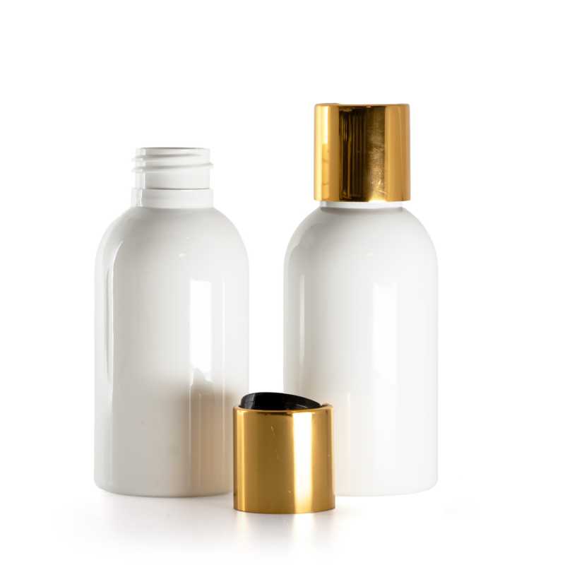 White Plastic Bottle, Black Plastic Flip Top With Golden Aluminum Collar, 100 ml