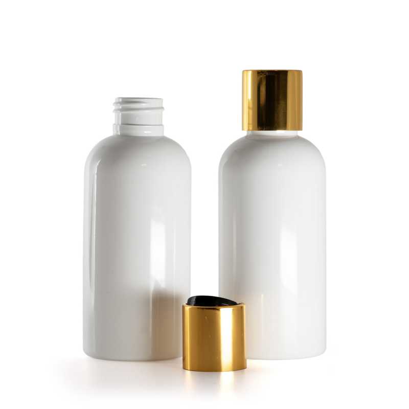 White Plastic Bottle, Black Plastic Flip Top With Golden Aluminum Collar, 150 ml