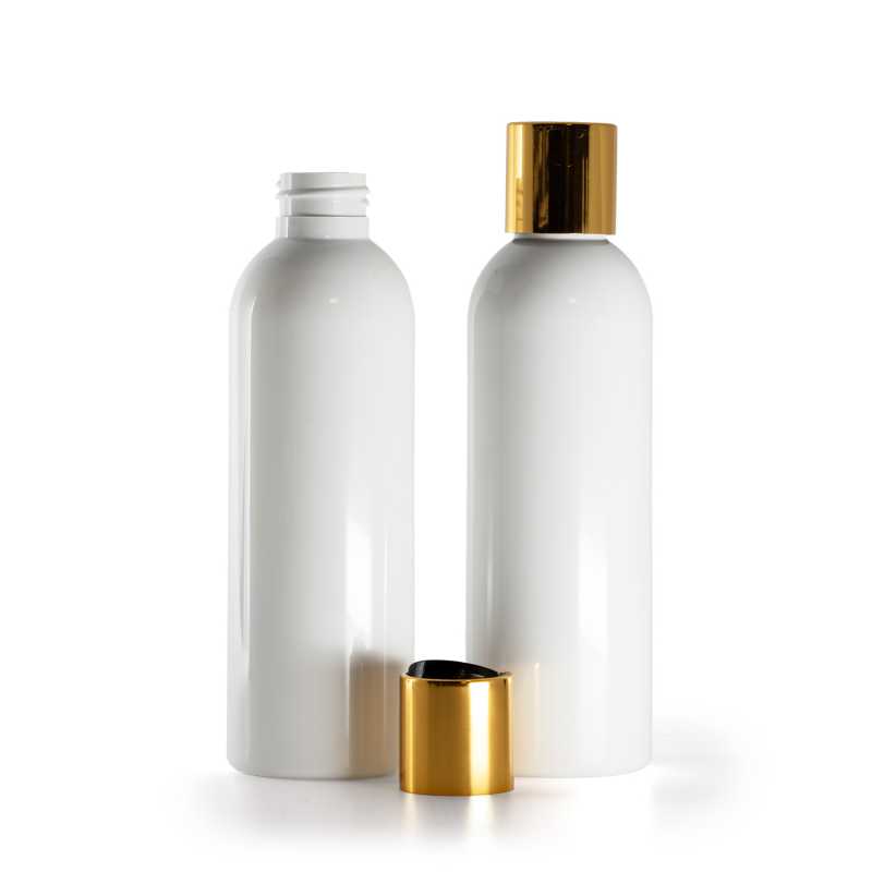 White Plastic Bottle, Black Plastic Flip Top With Golden Aluminum Collar, 200 ml