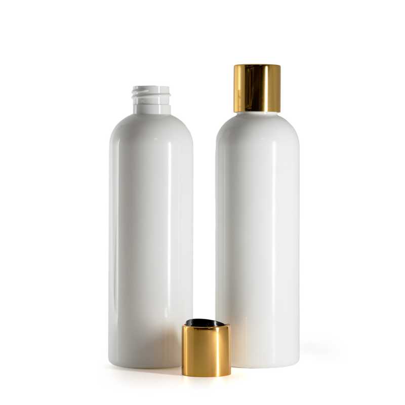 White Plastic Bottle, Black Plastic Flip Top With Golden Aluminum Collar, 250 ml