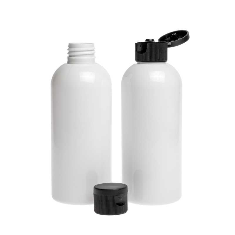 White Plastic Bottle, Black Flip Top, 200 ml
