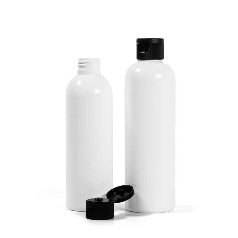 White Plastic Bottle, Black Flip Top, 250 ml