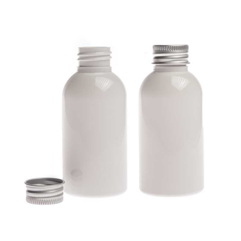 White plastic bottle made of PET with glossy surface.
Volume: 100 ml, total volume 117 mlBottle height: 99 mmBottle diameter: 44 mmNeck: 24/410
The packaging 