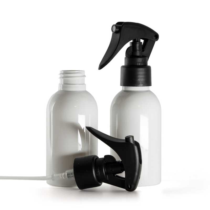 White Plastic Bottle, Mini Trigger Spray, Matte Black, Smooth Collar, 100 ml