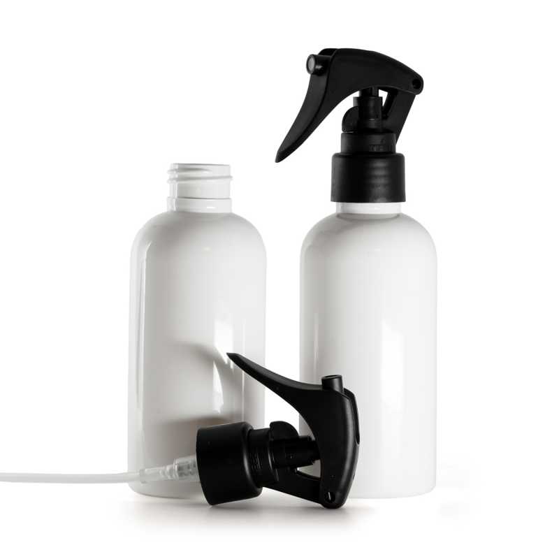 White Plastic Bottle, Mini Trigger Spray, Matte Black, Smooth Collar, 150 ml