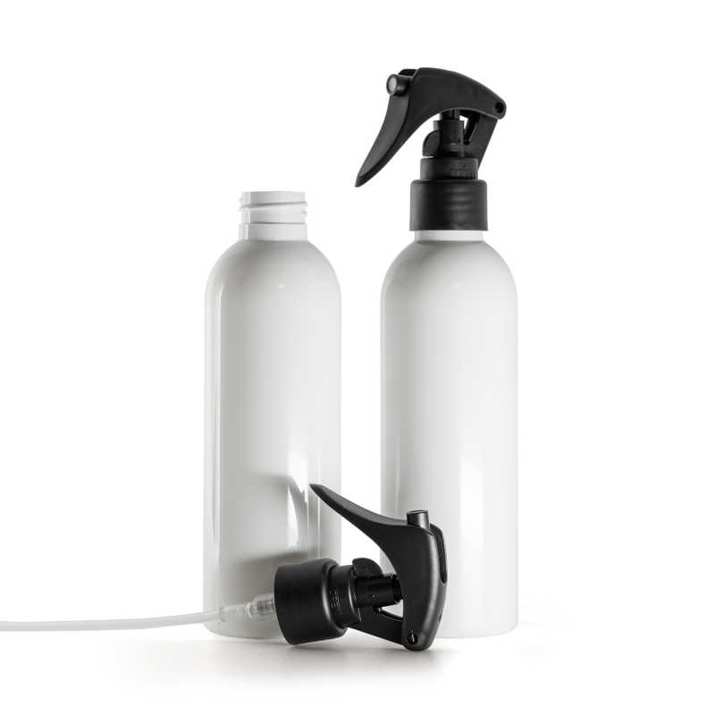 White Plastic Bottle, Mini Trigger Spray, Matte Black, Smooth Collar, 200 ml