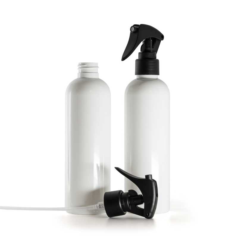 White Plastic Bottle, Mini Trigger Spray, Matte Black, Smooth Collar, 250 ml