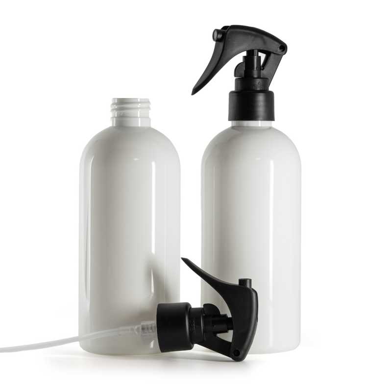 White Plastic Bottle, Mini Trigger Spray, Matte Black, Smooth Collar, 300 ml