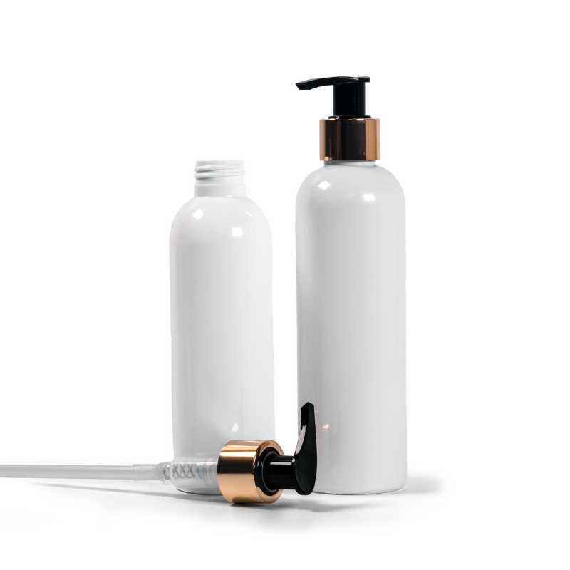 White Plastic Bottle, Golden Pump, 250 ml