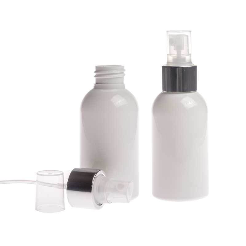 White plastic bottle made of PET with glossy surface.
Volume: 100 ml, total volume 117 mlBottle height: 99 mmBottle diameter: 44 mmNeck: 24/410
The packaging 