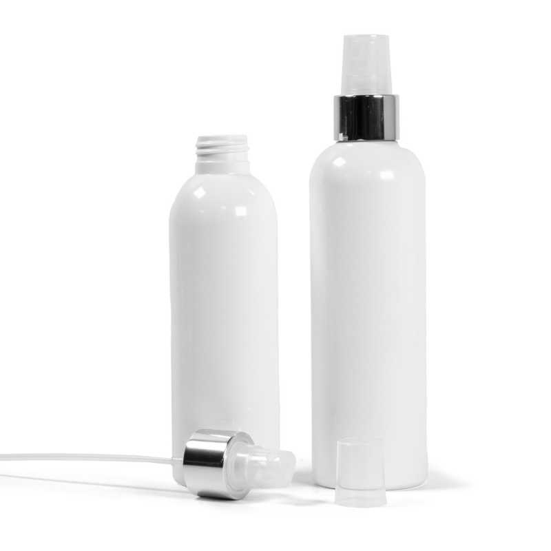 White Plastic Bottle, Transparent Spray with Glossy Silver Collar, 250 ml