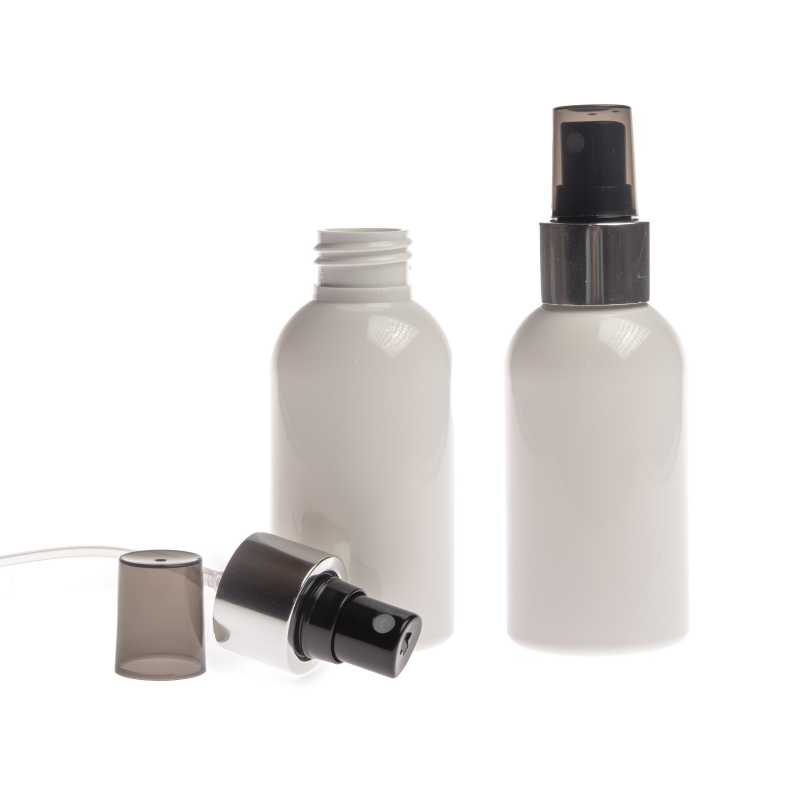 White plastic bottle made of PET with glossy surface.
Volume: 100 ml, total volume 117 mlBottle height: 99 mmBottle diameter: 44 mmNeck: 24/410
The packaging 