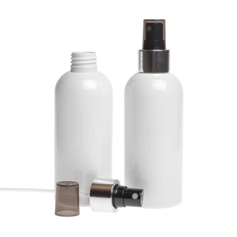 White plastic bottle made of PET with glossy surface.
Volume: 200 ml, total volume 220 mlBottle height: 133mmBottle diameter: 51 mmNeck: 24/410
The packaging 