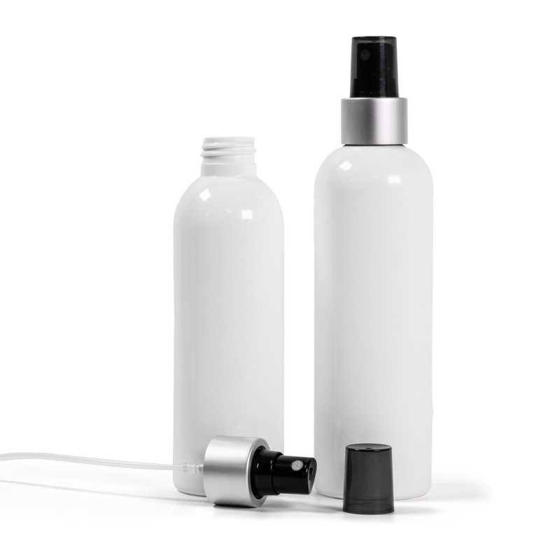 White Plastic Bottle, Black Spray, Matte Silver Collar, Smoky Overpcap, 250 ml