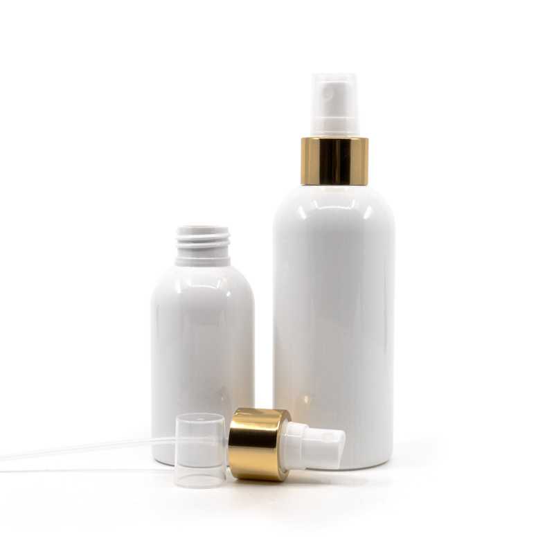White Plastic Bottle, White Spray With Glossy Gold Collar, 150 ml
