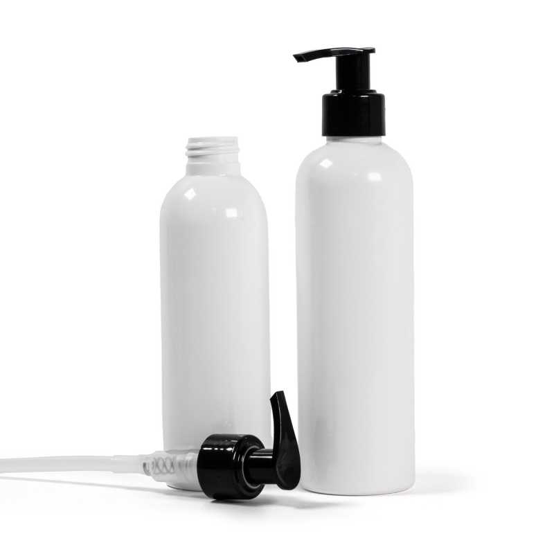 White Plastic Bottle, Black Smooth Pump, 250 ml