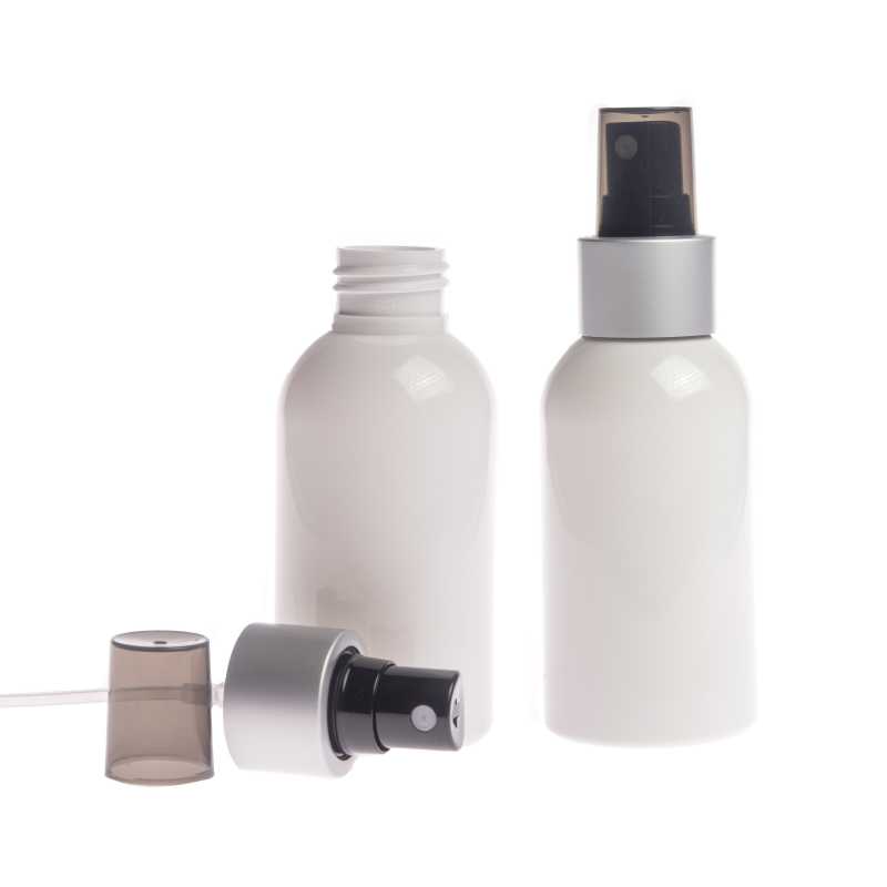 White Plastic Bottle, Black Spray, Matte Silver Collar, Smoky Overpcap, 150 ml