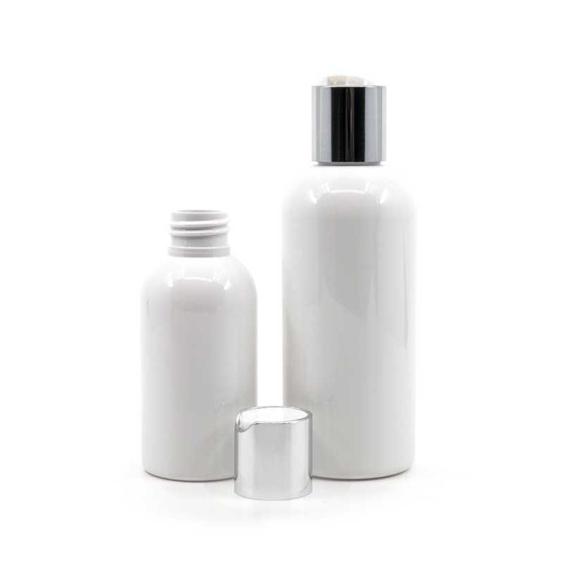 White plastic bottle made of PET with glossy surface.
Volume: 100 ml, total volume 117 mlBottle height: 99 mmBottle diameter: 44 mmNeck: 24/410
The packaging 