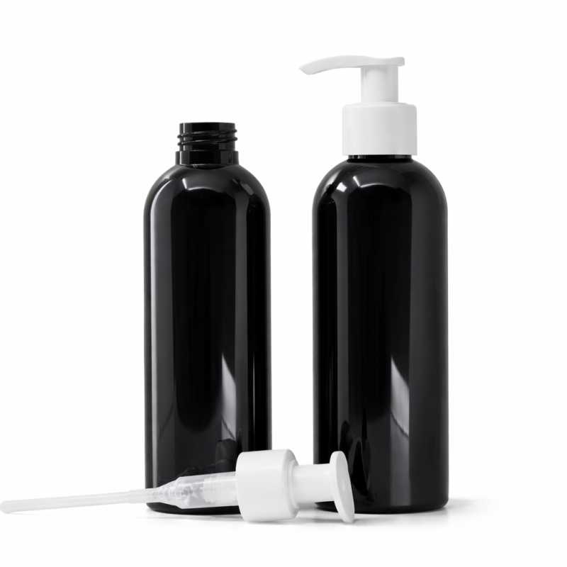 Black Shiny Plastic Bottle, White Pump, 200 ml