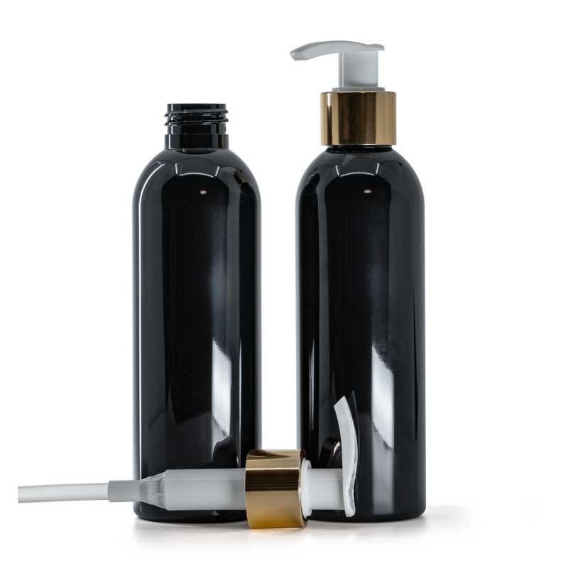 Black Shiny Plastic Bottle, White Lotion Pump With Glossy Gold Collar, 200 ml