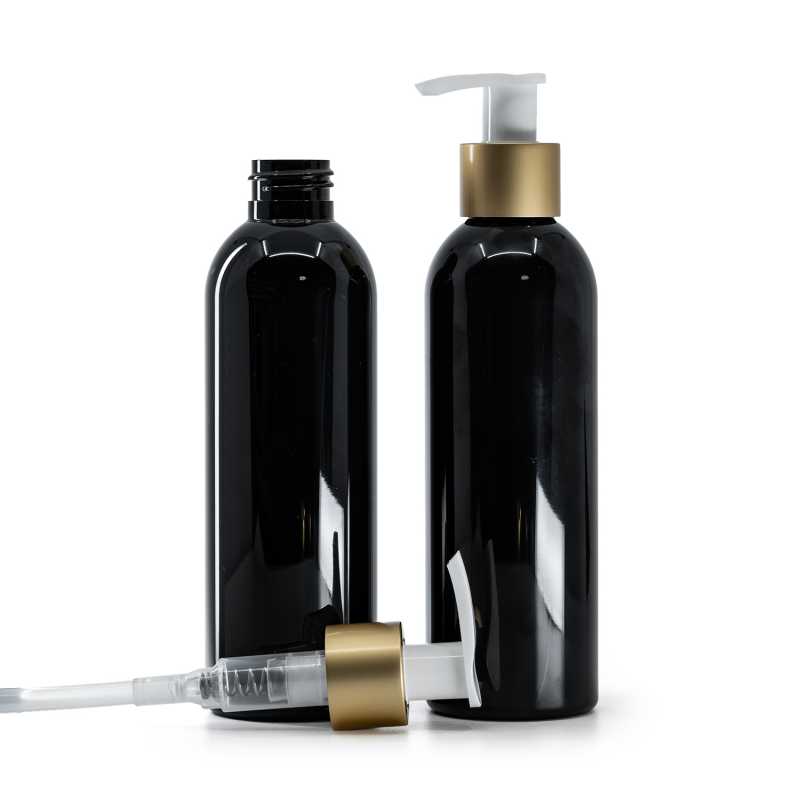 Black Shiny Plastic Bottle, White Lotion Pump With Matte Gold Collar, 200 ml