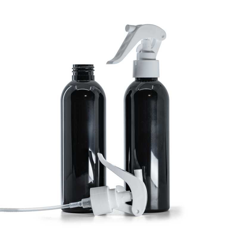 Black Shiny Plastic Bottle, White Trigger Spray, 200 ml