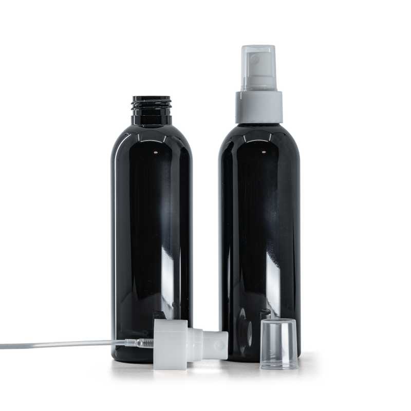 Black Shiny Plastic Bottle, White Fine Mist Spray, 200 ml