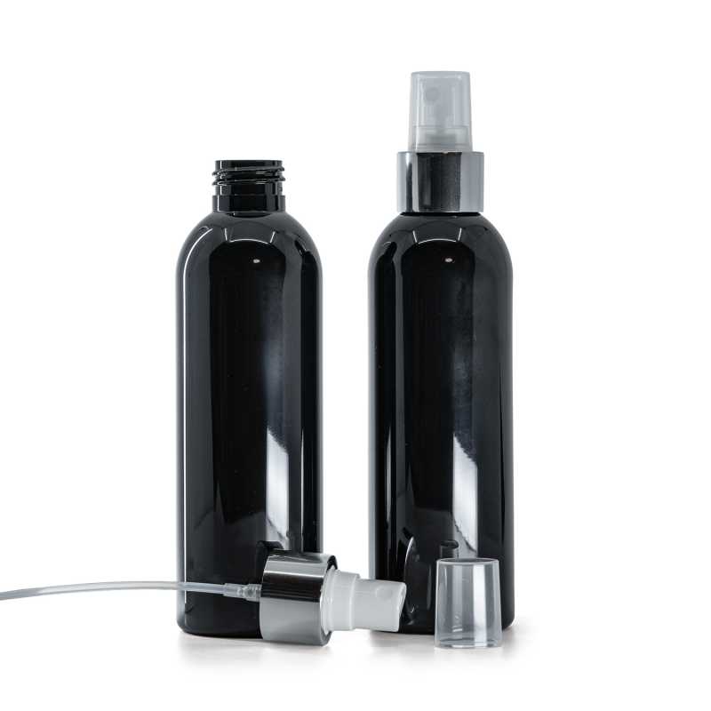 Black Shiny Plastic Bottle, White Spray With Glossy Silver Collar, 200 ml