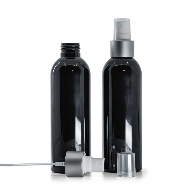 Black Shiny Plastic Bottle, White Spray with Matte Silver Collar, 200 ml