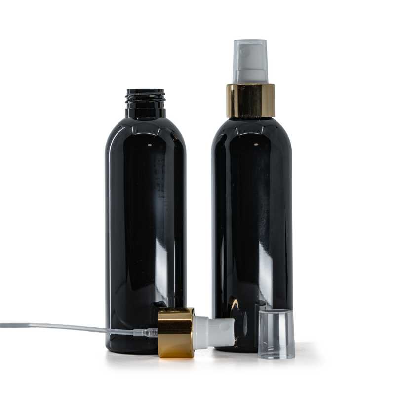 Black Shiny Plastic Bottle, White Spray With Glossy Gold Collar, 200 ml