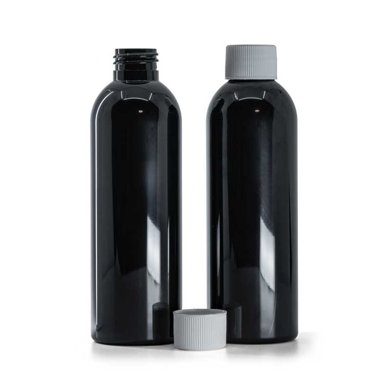 Black Shiny Plastic Bottle, White Cap, 200 ml
