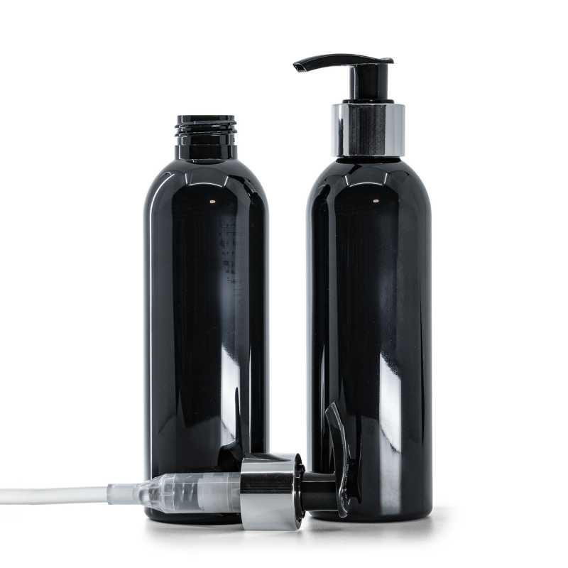 Black Shiny Plastic Bottle, Black Lotion Pump With Glossy Silver Collar, 200 ml