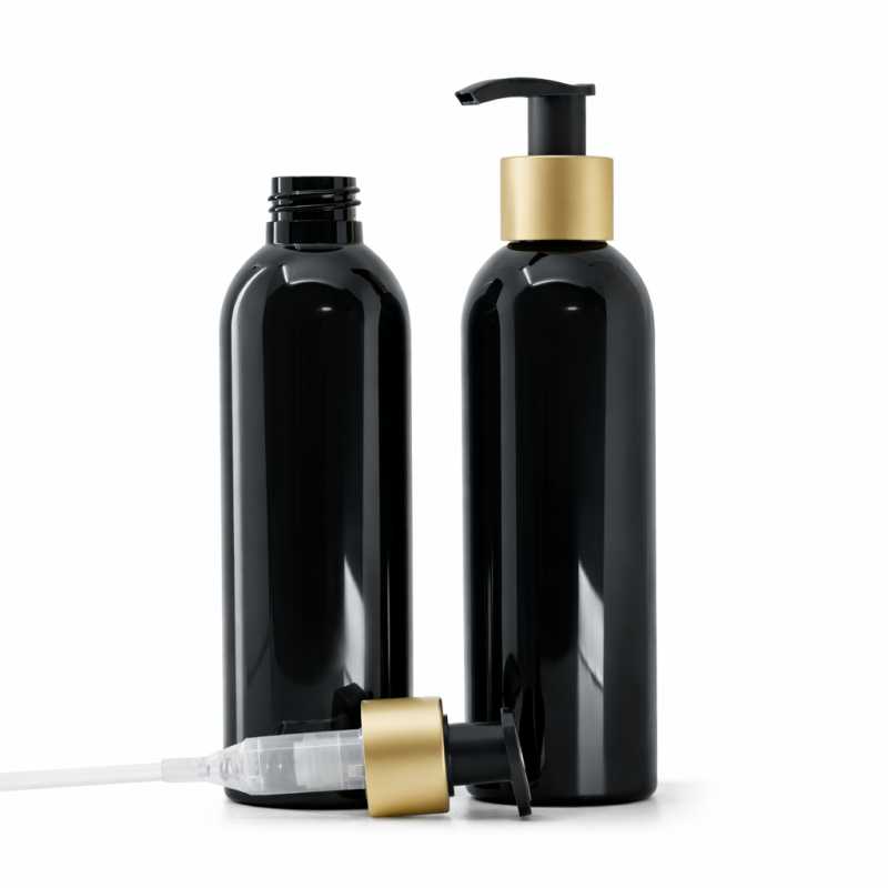 Black Shiny Plastic Bottle, Black Lotion Pump With Matte Gold Collar, 200 ml