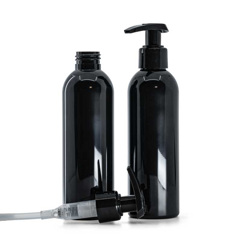 Black Shiny Plastic Bottle, Black Smooth Pump, 200 ml