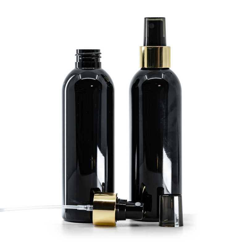 Black Shiny Plastic Bottle, Black Spray With Glossy Gold Collar, 200 ml