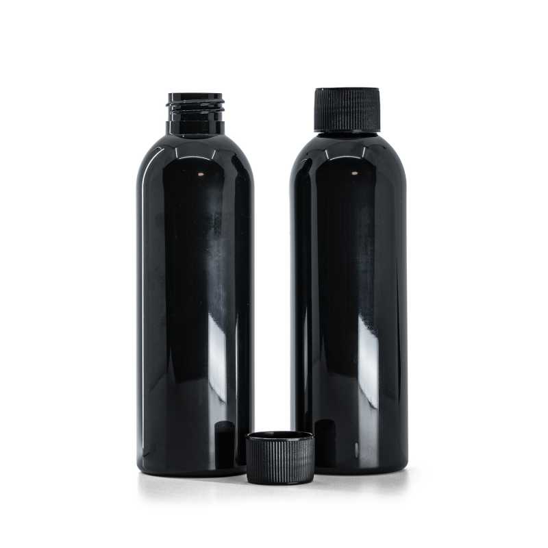 Black Shiny Plastic Bottle, Blak Ribbed Cap, 200 ml