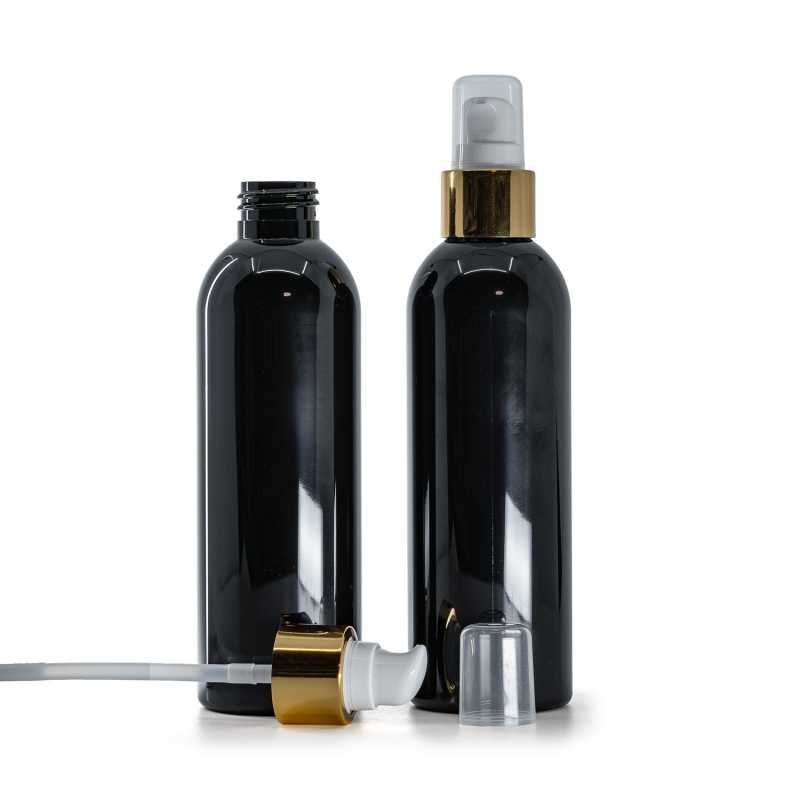 Black Shiny Plastic Bottle, White Lotion Pump With Overcap, Glossy Gold, 200 ml