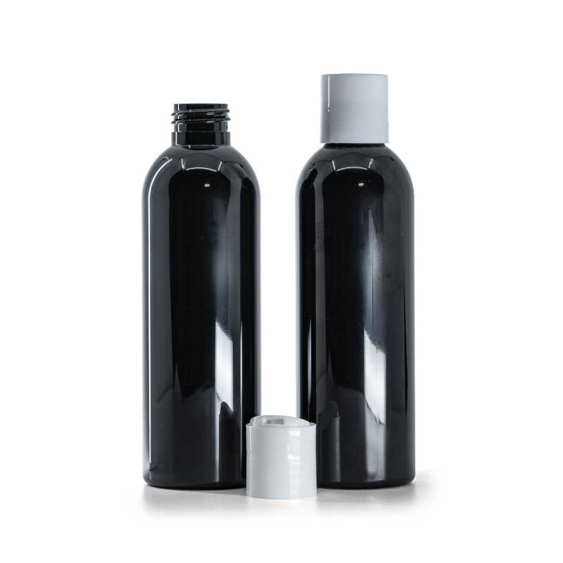 Black Shiny Plastic Bottle, White Disc Top, 200 ml