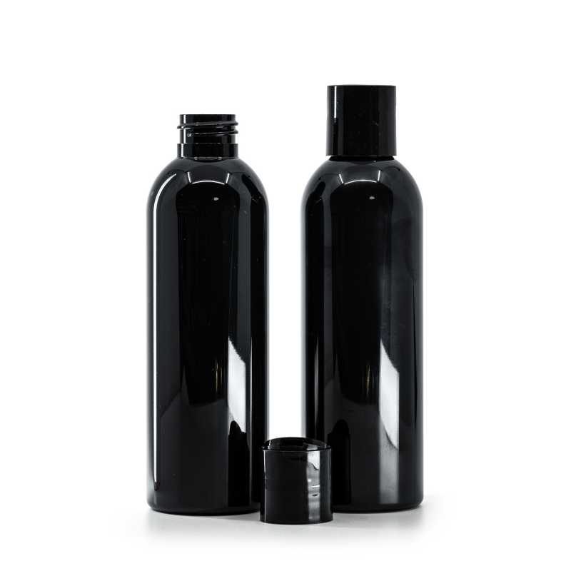 Black Shiny Plastic Bottle, Black Disc Top, 200 ml
