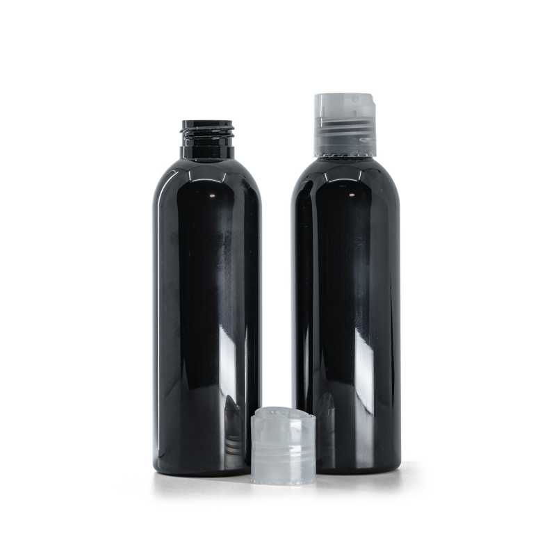 Black Shiny Plastic Bottle, Transparent Disc Top, 200 ml