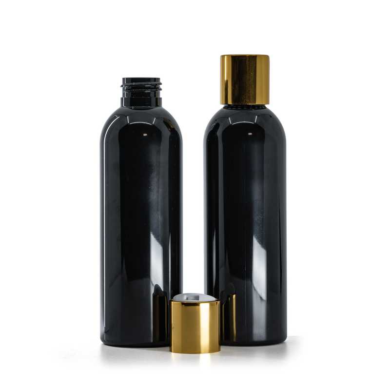 Black Shiny Plastic Bottle, White Plastic Flip Top With Golden Aluminum Collar, 200 ml