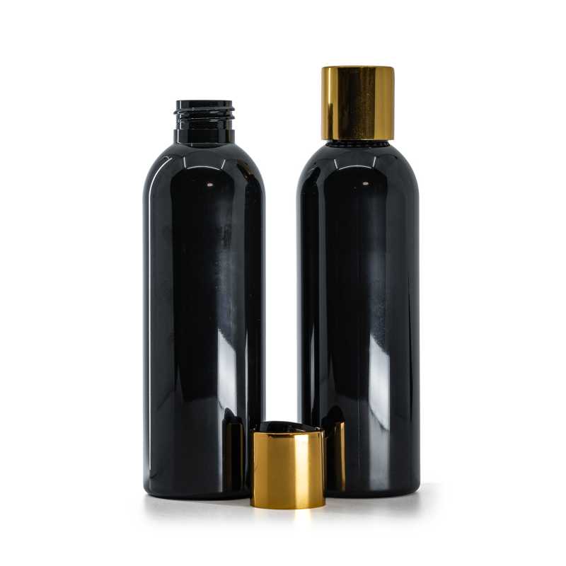 Black Shiny Plastic Bottle, Black Plastic Flip Top With Golden Aluminum Collar, 200 ml