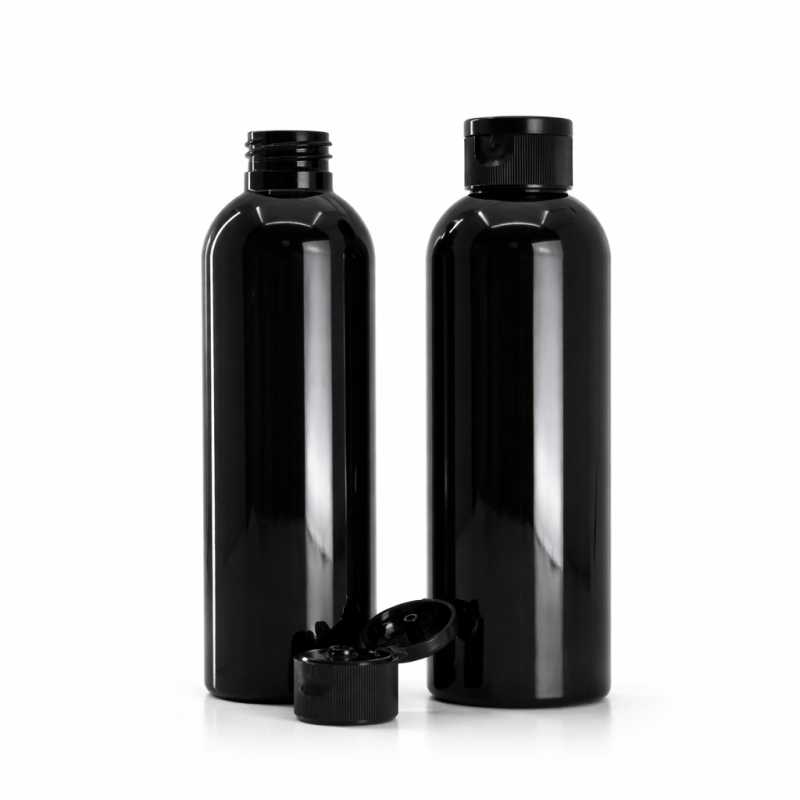 Black Shiny Plastic Bottle, Black Flip Top, 200 ml
