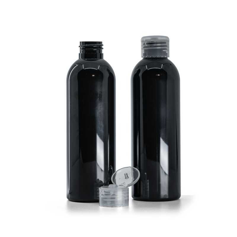 Black Shiny Plastic Bottle, Transparent Flip Top, 200 ml