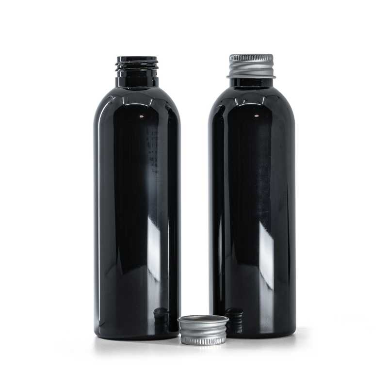 Black Shiny Plastic Bottle, Silver Aluminium Cap, 200 ml