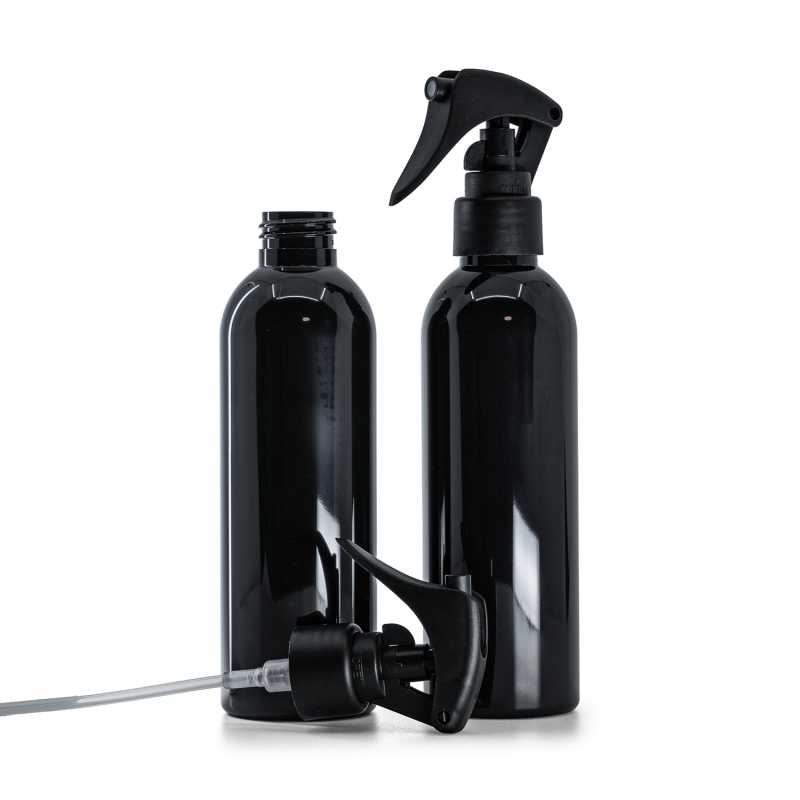 Black Shiny Plastic Bottle, Mini Trigger Spray, Matte Black, Smooth Collar, 200 ml