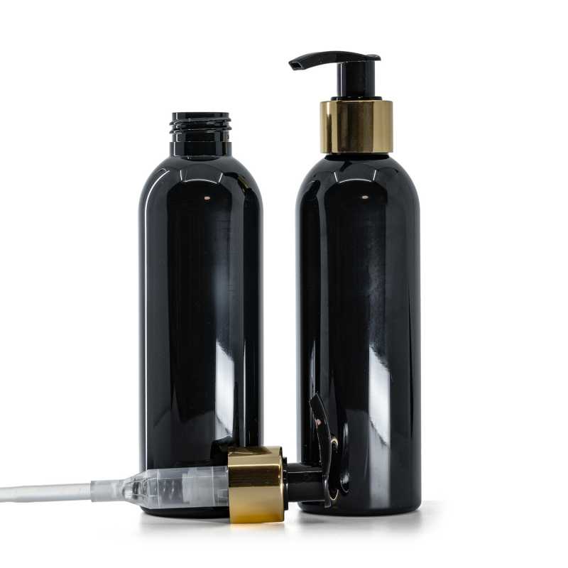 Black Shiny Plastic Bottle, Golden Pump, 200 ml
