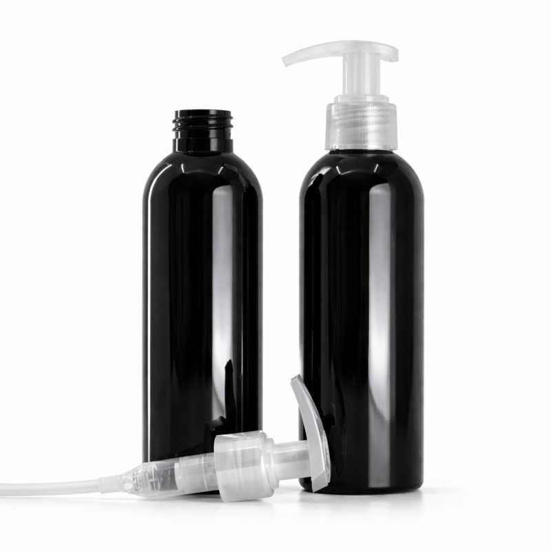 Black Shiny Plastic Bottle, Transparent Plastic Pump, 200 ml